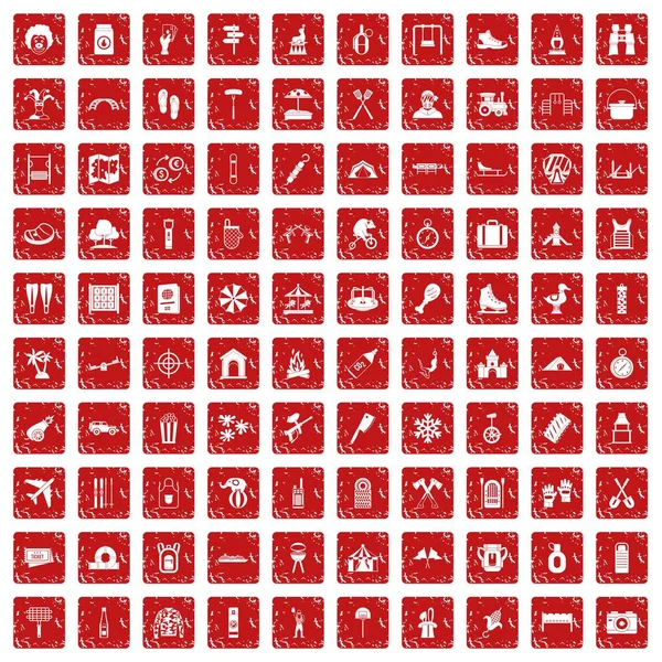 100 vakantie familie pictogrammen instellen grunge rode — Stockvector