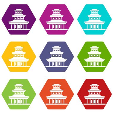 Renk altı yüzlü Budist tapınağı Icon set