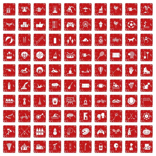 100 kinderen activiteit pictogrammen instellen grunge rode — Stockvector