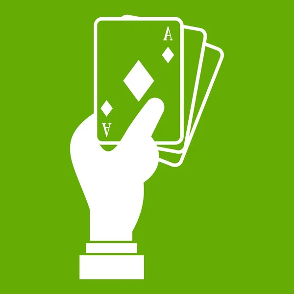 Mão segurando cartas de jogar ícone verde — Vetor de Stock
