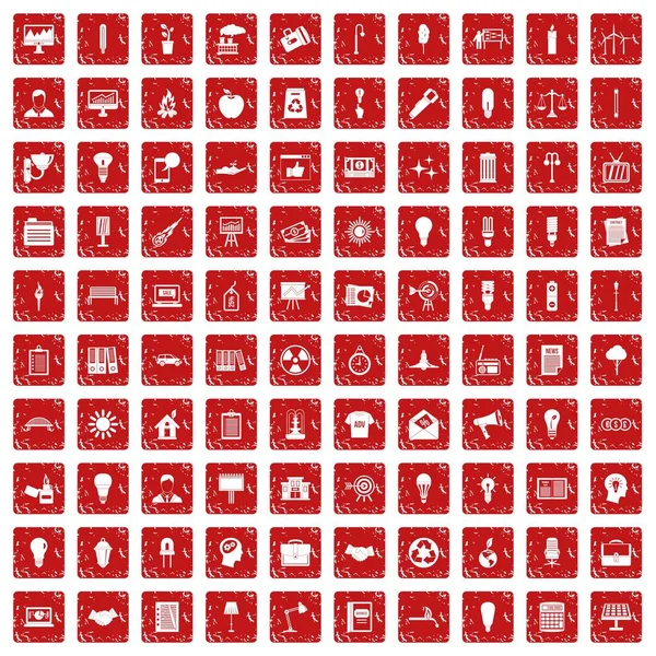 100 icônes de lampe ensemble grunge rouge — Image vectorielle