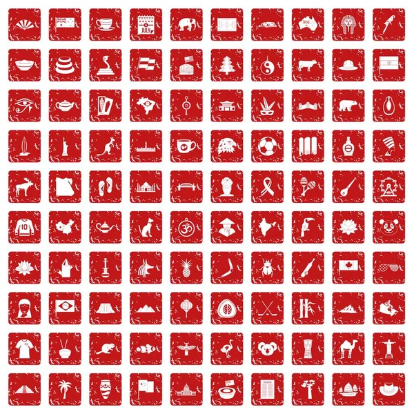 100 bezienswaardigheden pictogrammen instellen grunge rode — Stockvector