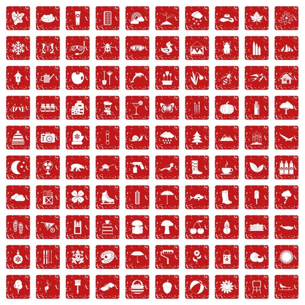 100 landschap pictogrammen instellen grunge rode — Stockvector