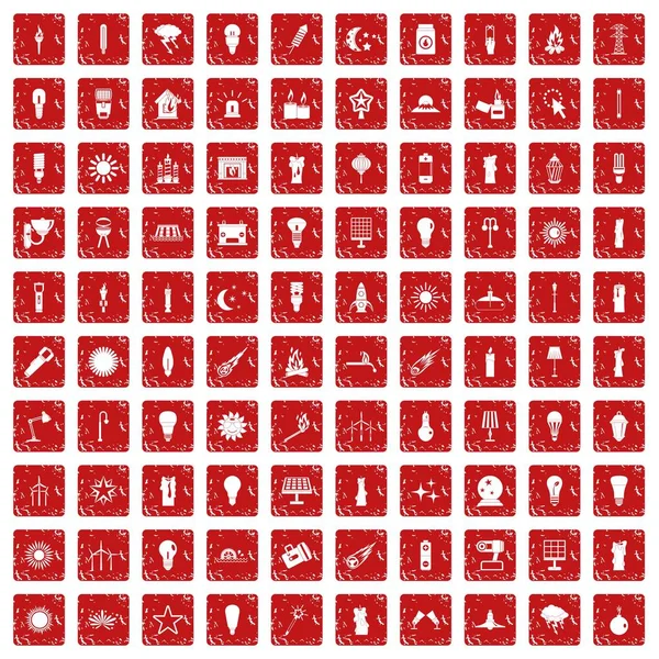 100 iconen van de lichtbron instellen grunge rood — Stockvector
