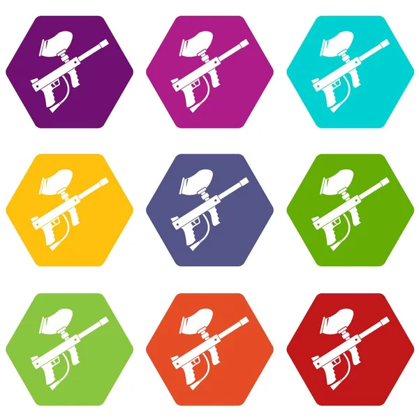 Paintball marker ikon készlet színes hexahedron — Stock Vector