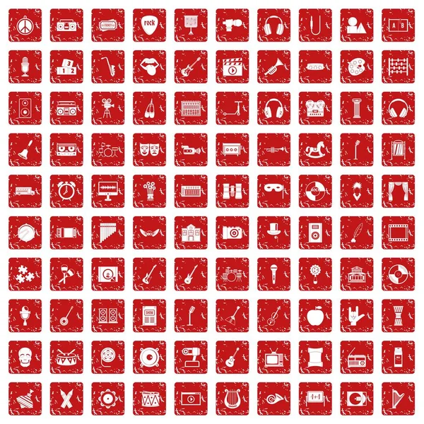 100 icônes de l'éducation musicale ensemble grunge rouge — Image vectorielle