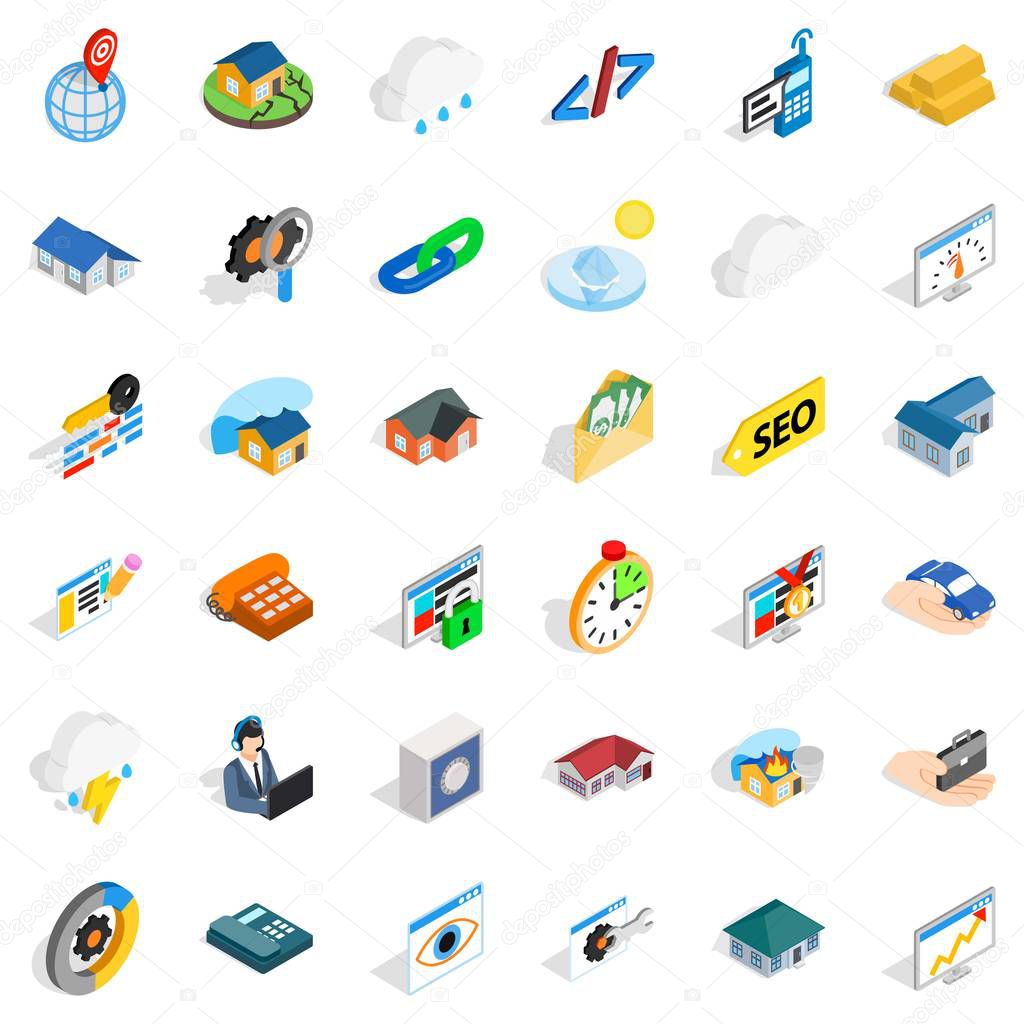 Insurance icons set. Isometric style of 36 insurance vector icons for web isolated on white background
