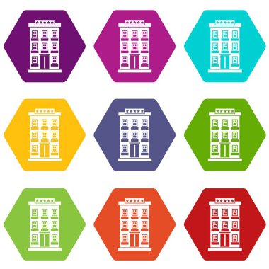 Renk altı yüzlü otel binası Icon set
