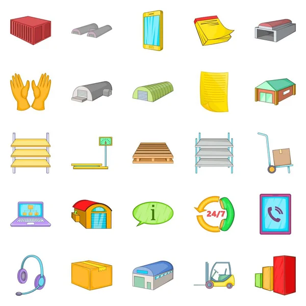 Opslag van goederen iconen set, cartoon stijl — Stockvector