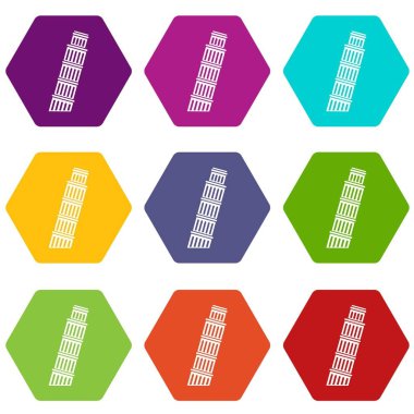 Renk altı yüzlü pisa Kulesi Icon set