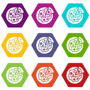 Renk altı yüzlü pizza yemek Icon set