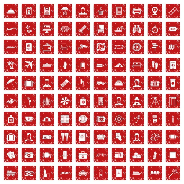 100 paspoort pictogrammen instellen grunge rode — Stockvector