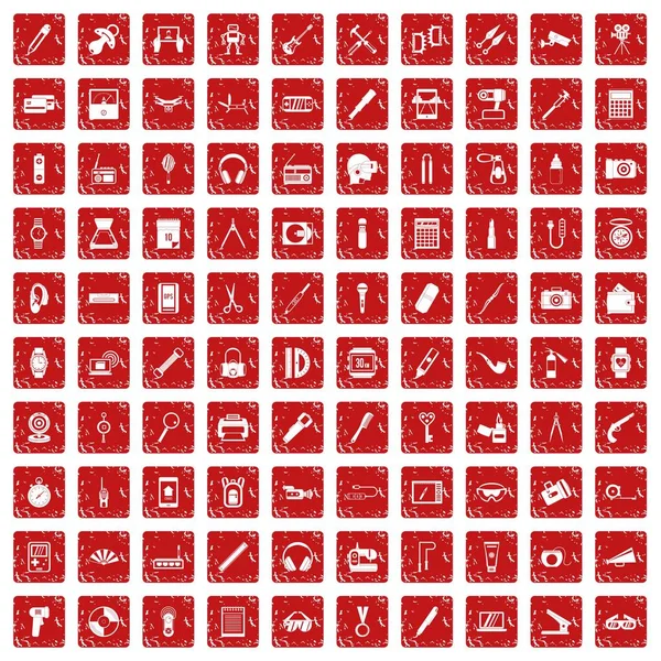 100 portable icons set grunge red — Stock Vector