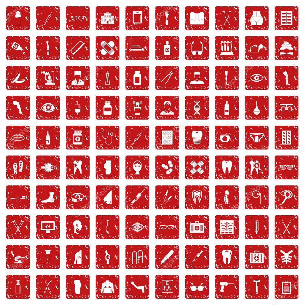 100 pharmacy icons set grunge red
