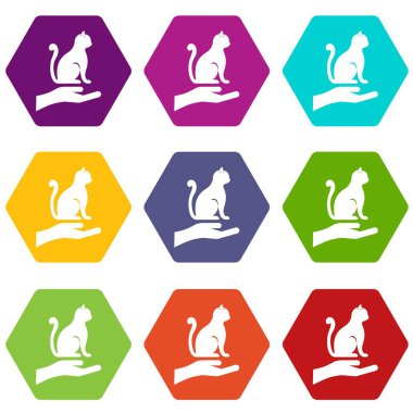 Bir kedi simge kümesi renk altı yüzlü tutan el