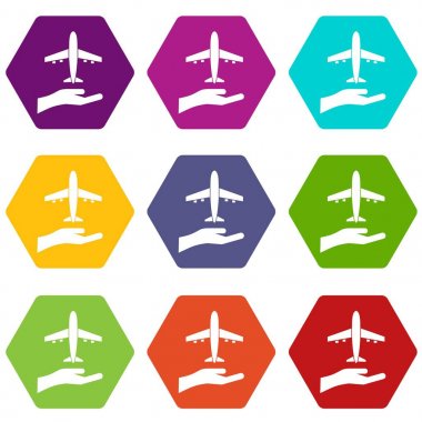 Renk altı yüzlü uçak ve palmiye Icon set