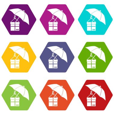 Şemsiye ve bir karton kutu simgesi renk altı yüzlü ayarla