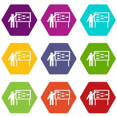 Renk altı yüzlü işadamı ve sunum ekran simgesini ayarla