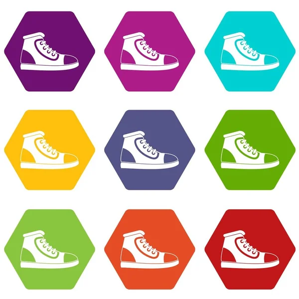 Ensemble icône chaussure athlétique couleur hexaèdre — Image vectorielle