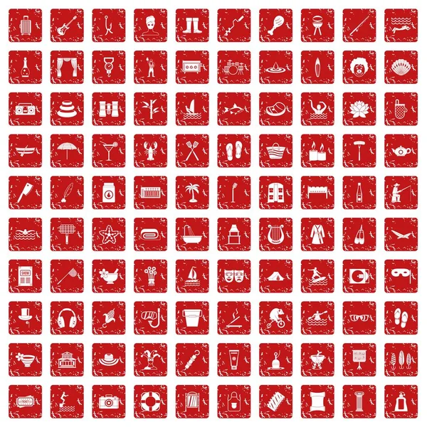 100 iconos de recreación conjunto grunge rojo — Vector de stock