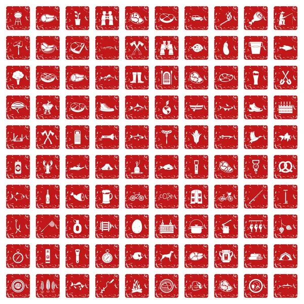 100 Grill-Symbole setzen Grunge-Rot — Stockvektor