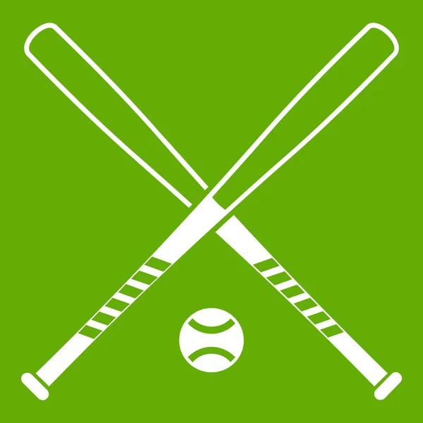 Crossed béisbol murciélagos y bola icono verde — Vector de stock