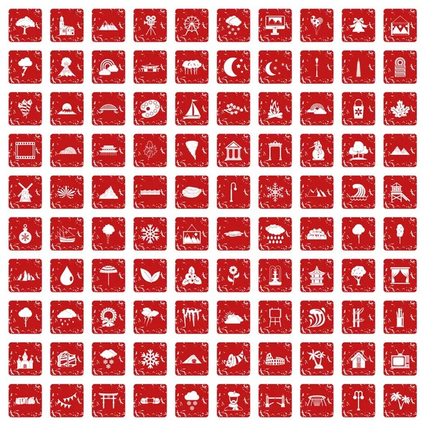 100 landschap pictogrammen instellen grunge rode — Stockvector