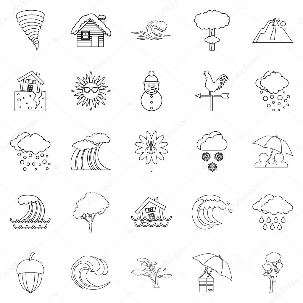 Rainy weather icons set, outline style