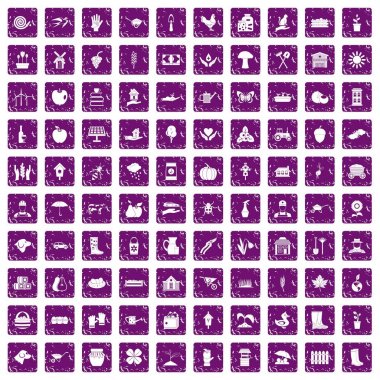 100 çiftlik simgeler grunge mor ayarla