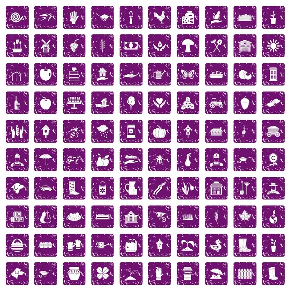 100 farm icons set grunge purple — Stock Vector