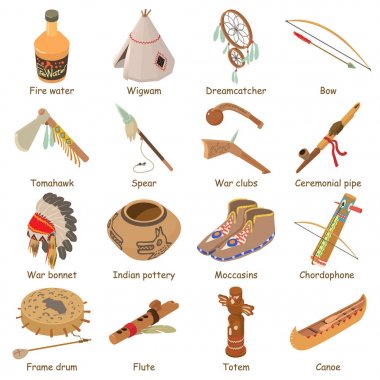 Kızılderililer etnik Amerikan Icons set, izometrik stili