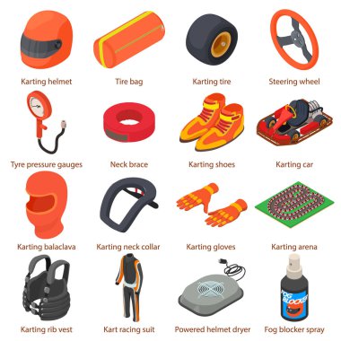 Karting equipment icons set, isometric style clipart