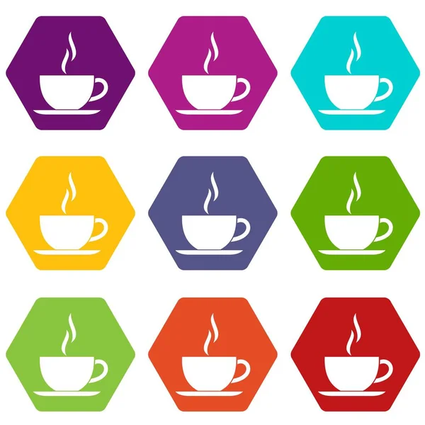 Cup of hot drink icon set color hexahedron — Stock Vector