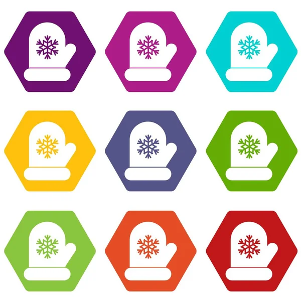 Kesztyű, fehér hópehely ikon készlet színes hexahedron — Stock Vector