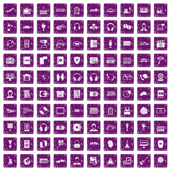 100 иконок для наушников устанавливают фиолетовый гранж — стоковый вектор