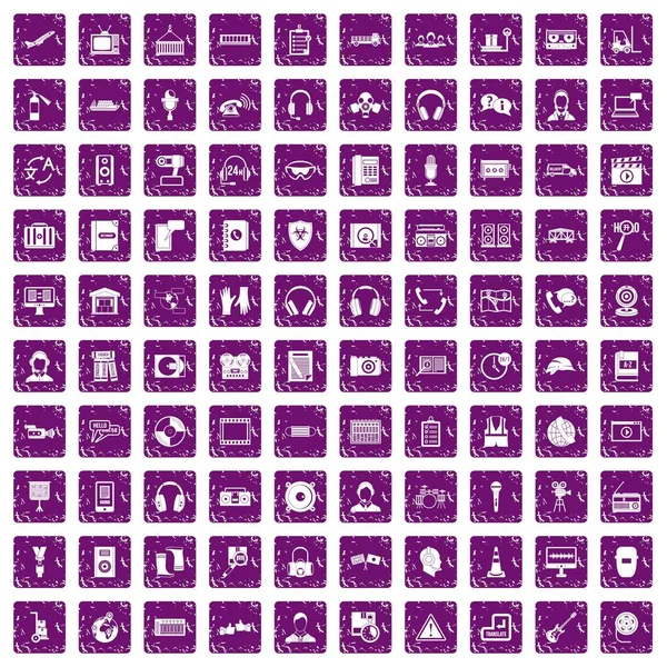 100 iconos auriculares set grunge púrpura — Archivo Imágenes Vectoriales
