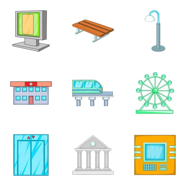 Conjunto de iconos de ciudad desarrollados, estilo de dibujos animados — Vector de stock