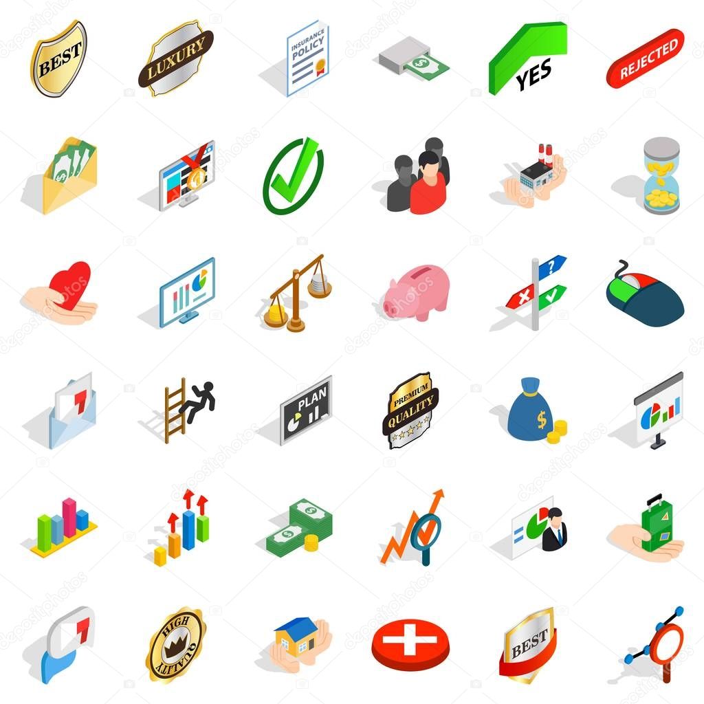 Superiority icons set. Isometric style of 36 superiority vector icons for web isolated on white background