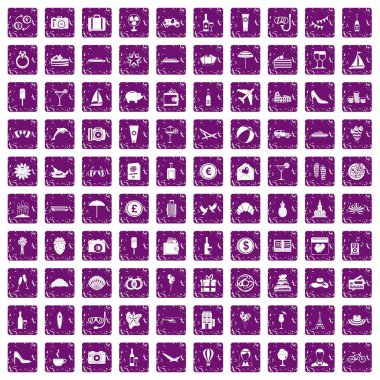 100 balayı simgeler grunge mor ayarla