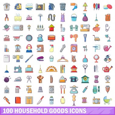 100 ev eşyaları simgeler ayarla, tarzı çizgi film