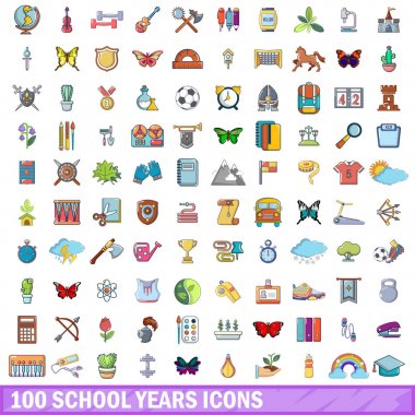 100 okul yıl simgeler ayarla, tarzı çizgi film