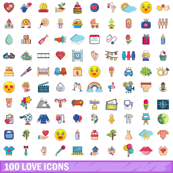 100 ícones de amor conjunto, estilo dos desenhos animados — Vetor de Stock