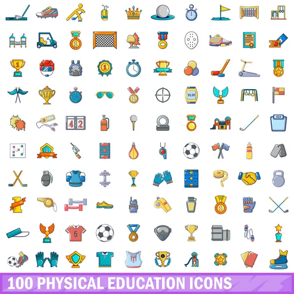 100 iconos de la educación física conjunto, estilo de dibujos animados — Vector de stock
