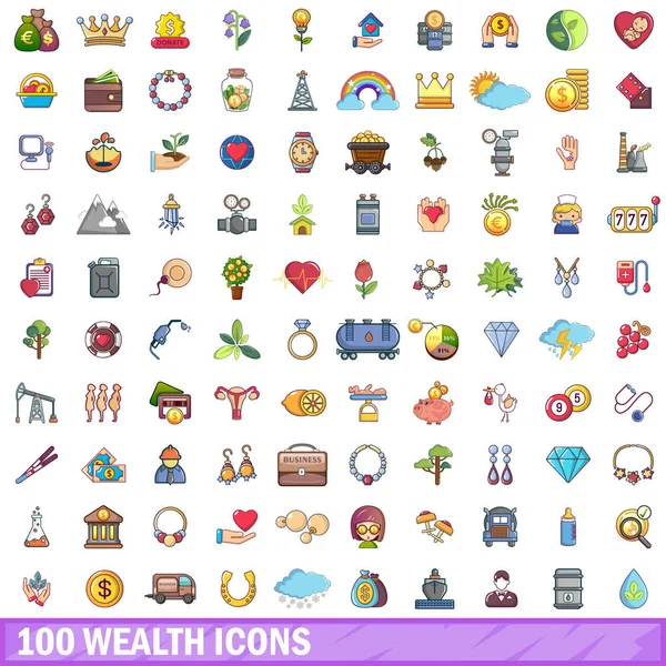 100 conjunto de ícones de riqueza, estilo cartoon — Vetor de Stock