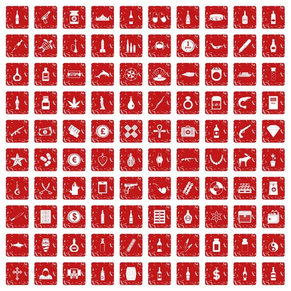 100 produits de contrebande icônes mis grunge rouge — Image vectorielle