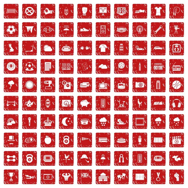 100 voetbal pictogrammen instellen grunge rode — Stockvector