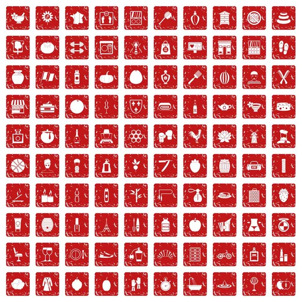 100 produits de beauté icônes ensemble grunge rouge — Image vectorielle
