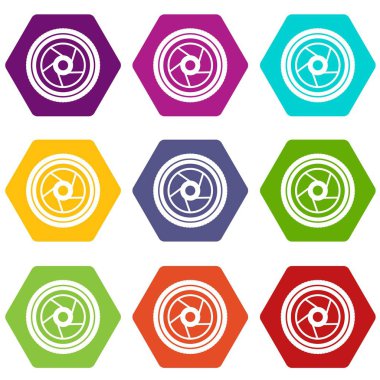 Renk altı yüzlü kamera diyafram Icon set