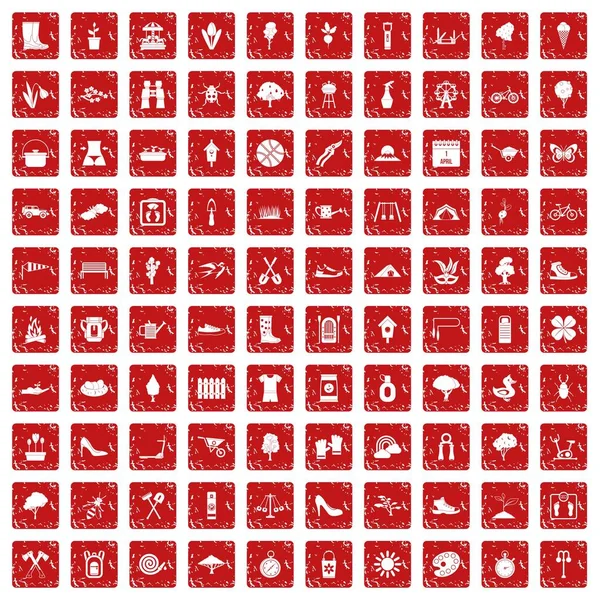 100 iconos de primavera conjunto grunge rojo — Archivo Imágenes Vectoriales