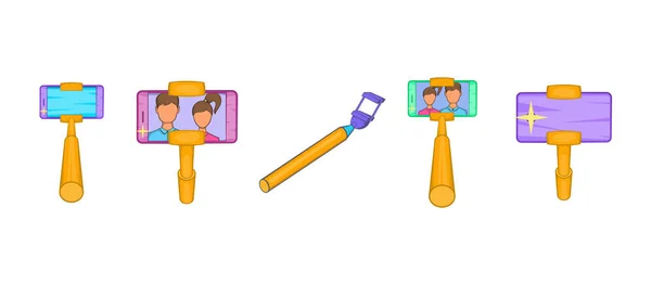 Selfie stick σύνολο εικονιδίων, ύφος κινούμενων σχεδίων — Διανυσματικό Αρχείο